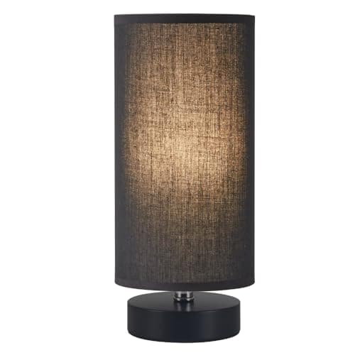 Fabric Wooden Table Lamp, Cylinder Black Base, Bedside & Desk Lamp — Black Shade and Silver Base