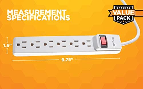 Power Strip with 6 Outlets, 2.5' Cord and Durable White Housing, 2-Pack