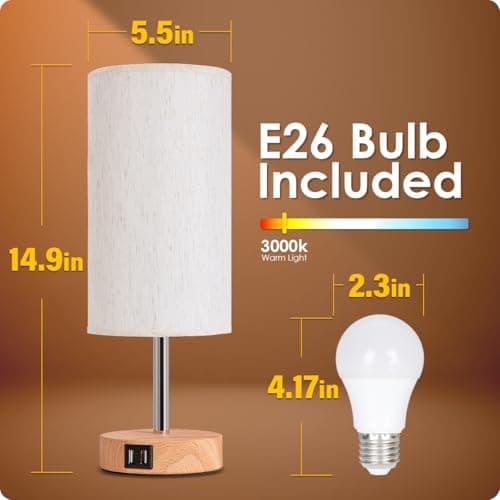 Yarra-Decor Touch-Control Bedside Table Lamp with USB, 3-Way Dimmable, Round Fabric Shade