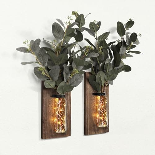 2 Pack Brown Wood Glass Wall Sconces for Living Room Hanging Vase
