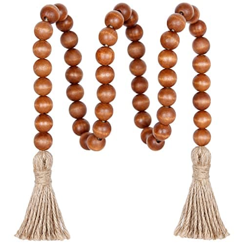 Meplait Natural Wood Bead Garland with Tassels, Boho Farmhouse Wall Hanging — Brown