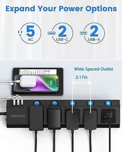 Flat Plug Power Strip with Individual Switches, 5-Outlet Surge Protector with 2 USB-C (20W PD) & 2 USB-A, 1700 Joules, Wall Mount for Home Office, Black