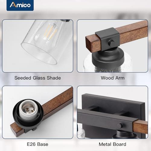 Amico Rustic Wood 3-Light Farmhouse Vanity Light with Black Sconces and Bubble Glass Shade