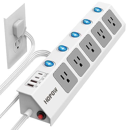 Flat Plug Power Strip with Individual Switches, 5-Outlet Surge Protector with 2 USB-C (20W PD) & 2 USB-A, 1700 Joules, Wall Mount for Home Office, Black — White