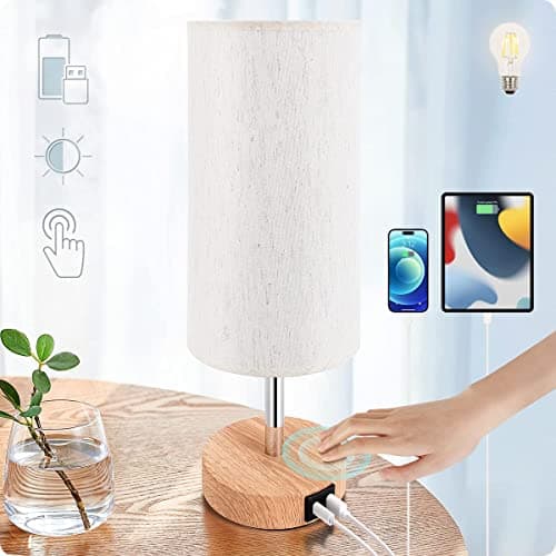 Yarra-Decor Touch-Control Bedside Table Lamp with USB, 3-Way Dimmable, Round Fabric Shade — USB A+C