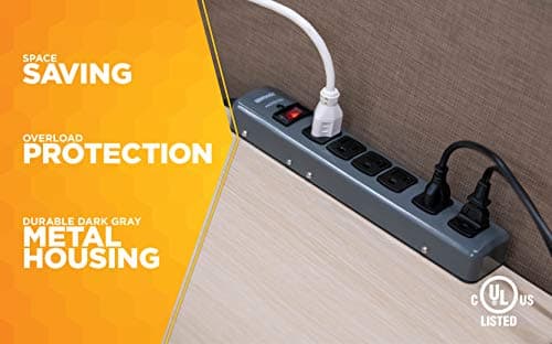 Metal Surge Protector with 6 Outlets and 3' Cord for 900J Protection, One Size, Black