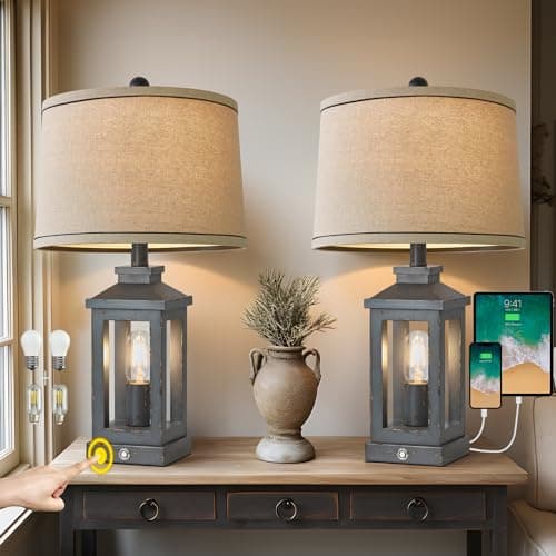 23.75" Vintage Modern Farmhouse Lamp with Touch Dimming & USB Ports for Living Room/Bedroom — Gray - Set of Two