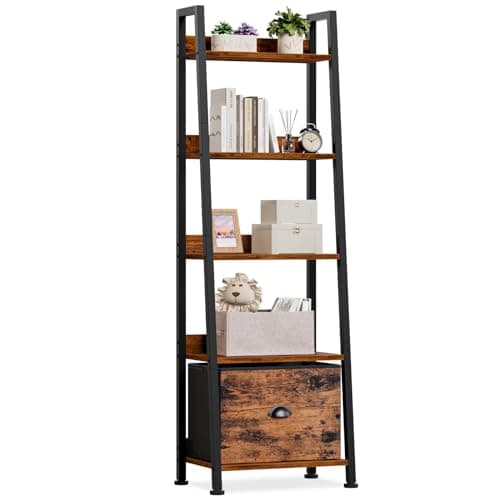 Furologee Rustic 5-Tier Ladder Shelf, Wood & Metal Storage Organizer
