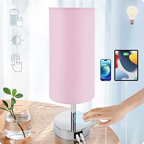 Yarra-Decor Touch-Control Bedside Table Lamp with USB, 3-Way Dimmable, Round Fabric Shade — Pink