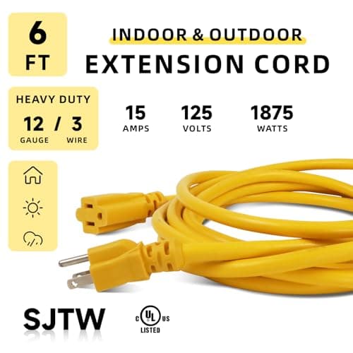 6ft Outdoor Heavy Duty Extension Cord, 15 AMP, SJTW, 3 Prong Grounded, Yellow