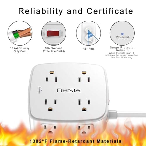 6 Ft Wall-Mount Surge Protector with 8 Outlets & 4 USB Ports, Extender Included, ETL Listed, White