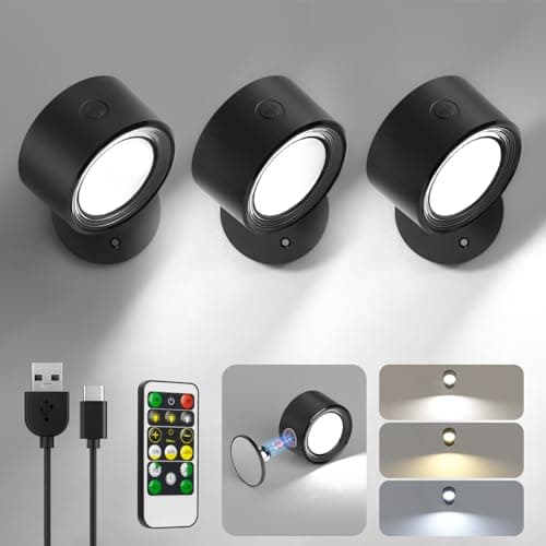 Rechargeable 3-Pc LED Wall Sconces with Remote Control & Dimming — Black-3 Color Temp Light