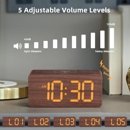 USCCE Wooden Digital Alarm Clock: Dimmable Dual Alarm with Large Numbers - Loud Alarm for Heavy Sleepers - Wood Decor