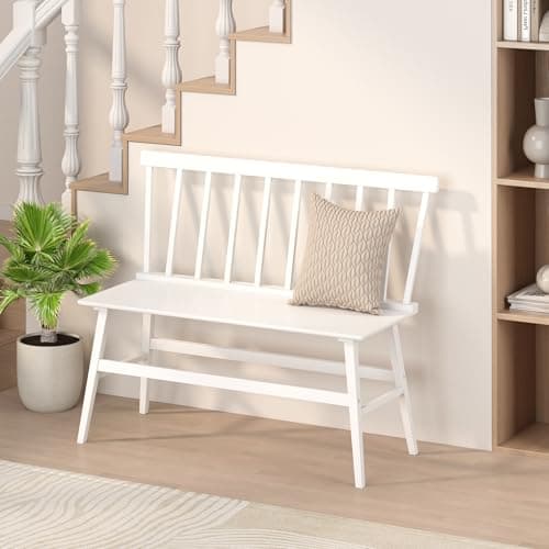 Farmhouse White Dining Bench with Spindle Back for Foyer Balcony