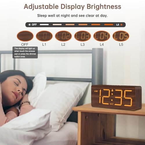 DreamSky Wooden Digital Alarm Clock with Large Numbers & Features