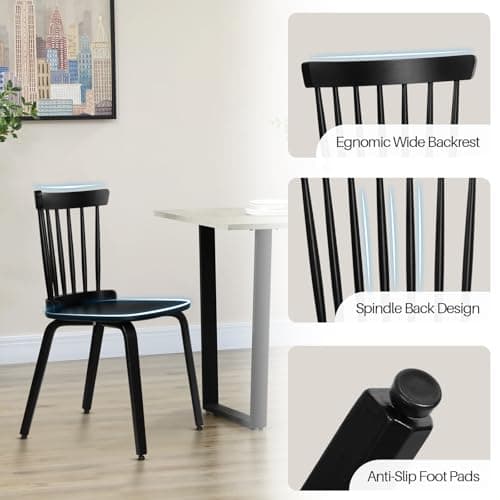 Black Wood Windsor Dining Chair Set, Farmhouse Spindle Back, Mid-Century Modern, Kitchen & Living Room