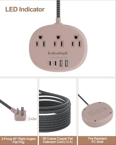 Surge Protected 1625W 5FT Brown Tan Extension Cord with 3AC 4USB