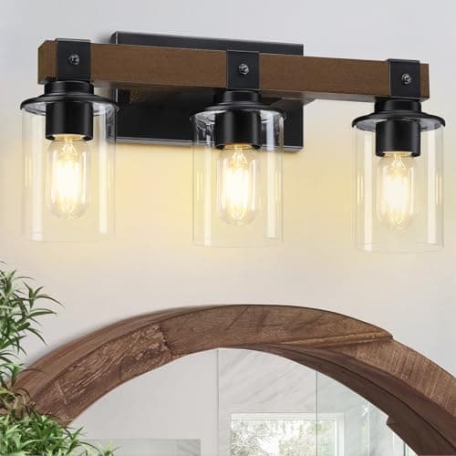 3-Light Rustic Wood Farmhouse Vanity Light with Industrial Black Sconces and Bubble Glass Shade