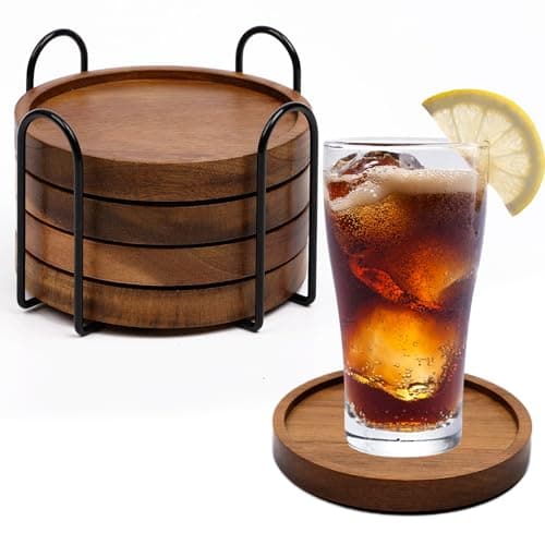 4 Pcs Absorbent Wooden Coasters with Holder for Table Protection