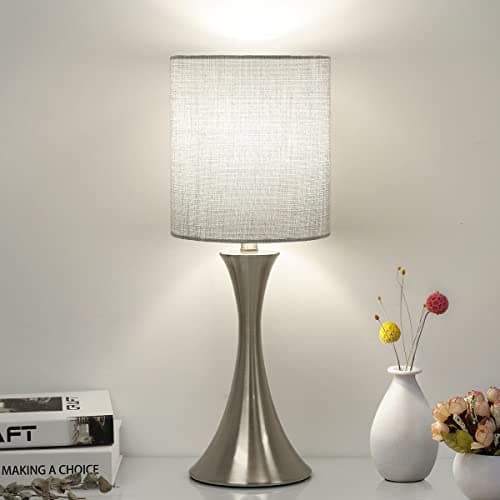 3 Way Dimmable Touch Control Wood Grain Farmhouse Bedside Lamp — Silver Base with Gray Shade