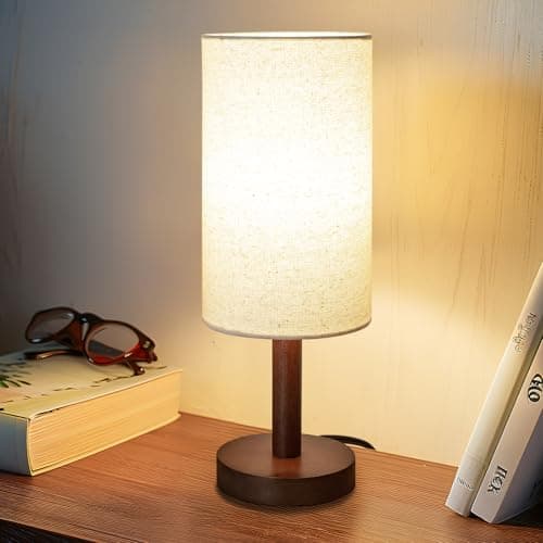 Linen Shade Small Table Lamp for Bedroom and Desk LED Included (Wood Base) — Black-Walnut Wood