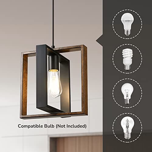 EDISHINE Farmhouse Pendant Light, Rustic Wood Grain & Black Finish, Adjustable Cord Kitchen Island Dining Room Hallway