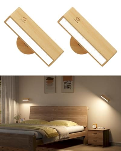Rechargeable Battery Operated Wall Sconces Set of 2 for Bedroom — Beech wood