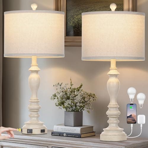 27" Rustic Farmhouse Dimmable Touch Table Lamp Set of 2 with USB Ports — Set of 2-Beige-27.5"-Rocker Switch