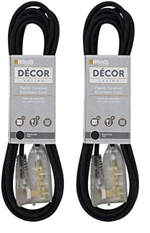 Woods Decor Series 8-Foot Fabric Braided Extension Cord, Lighted Ends, 3 Outlets, Right Angle Plug, 125V, Grey — Black