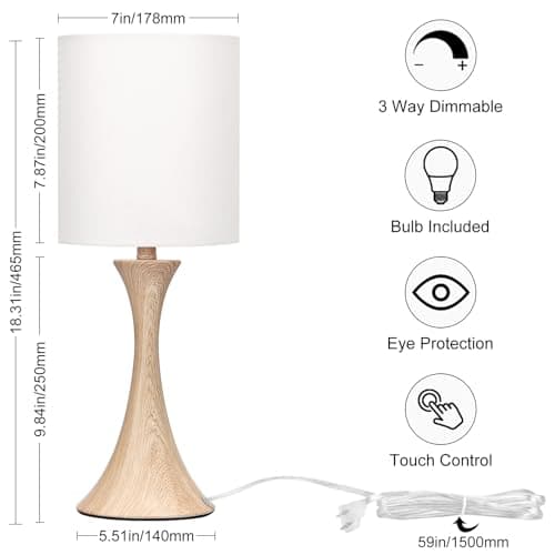 3 Way Dimmable Touch Control Wood Grain Farmhouse Bedside Lamp