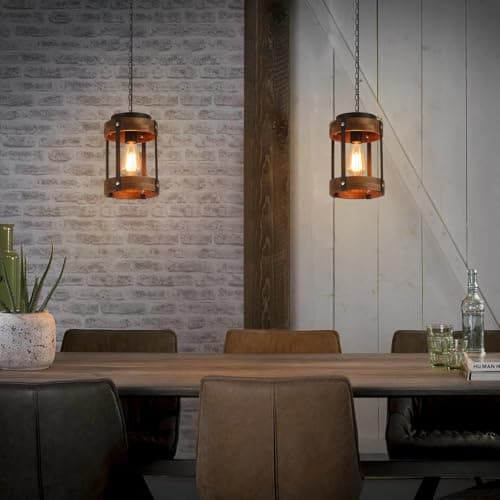 Rustic Oak Wood and Metal Pendant Light for Kitchen Island Sink Hallway, Black
