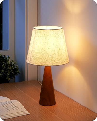 EDISHINE 13.58" Small Table Lamp, Beige Linen Shade, Dark Rosewood Base, Nursery Bedroom Lamp