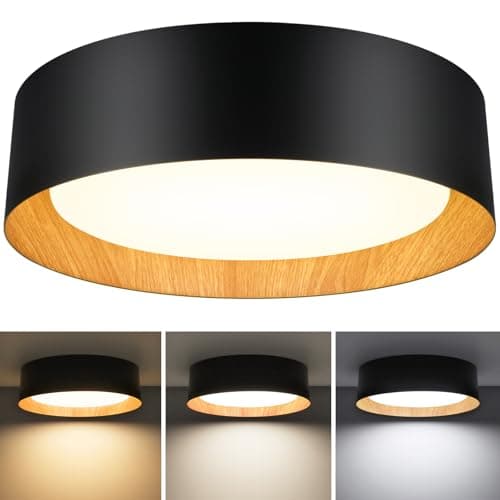 13in 250W Equivalent Dimmable 3CCT Adjustable LED Flush Mount Ceiling Light, Black & Wood