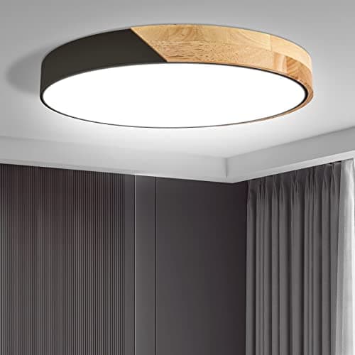 12 Inch 24W Wood Flush Mount Ceiling Light for Bedroom, Kitchen & Hallway, Natural White 4500K — Black 6000K Cold White