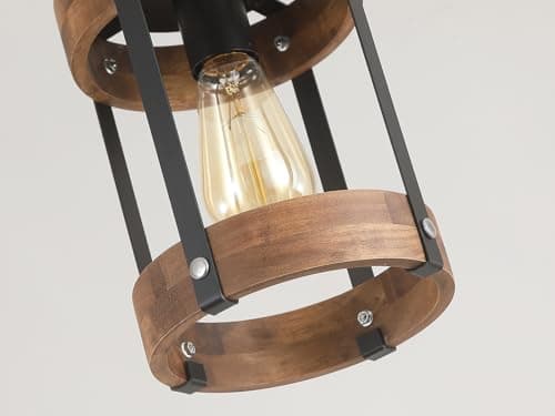 Rustic Oak Wood and Metal Pendant Light for Kitchen Island Sink Hallway, Black