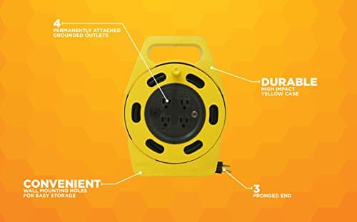 Retractable Extension Reel with 4 Outlets; Heavy Duty; Flame Resistant; 10A Circuit Breaker; 25 Ft; Yellow/Orange