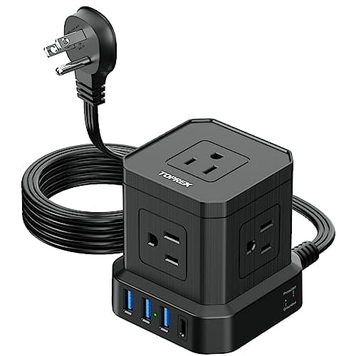 Power Strip with 20W USB-C, 6.5 FT Extension, 6 Outlets, 1 USB-C, 2 USB-A, TOPREK Surge Protector, Wood Desk Power Strip — Black-5FT