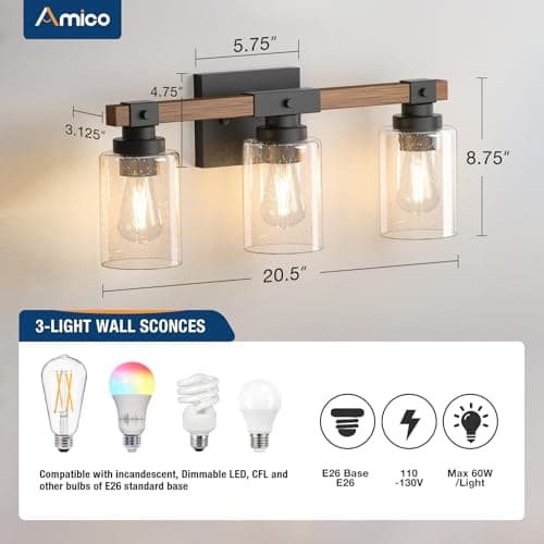 Amico Rustic Wood 3-Light Farmhouse Vanity Light with Black Sconces and Bubble Glass Shade