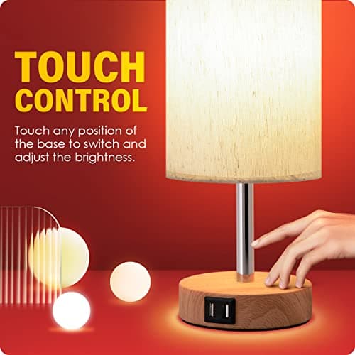 Yarra-Decor Touch-Control Bedside Table Lamp with USB, 3-Way Dimmable, Round Fabric Shade