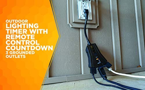 Outdoor Lighting Timer with Remote Control for Countdown, 3 Grounded Outlets, Black (3-Outlet)