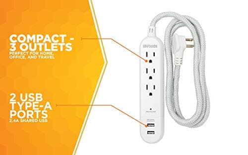 Woods 250 Joules Surge Protector, 3-Outlet, 2.4A USB, White