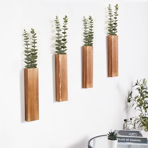 4-Pack Wood Wall Planters with Faux Eucalyptus - Modern Farmhouse Decor for Home Office and Living Room