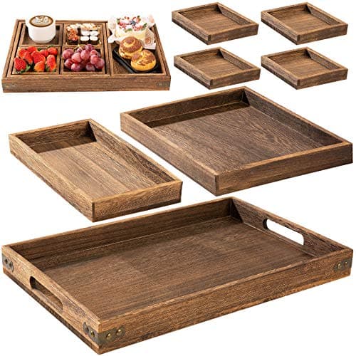 Yangbaga Rustic Wooden Serving Trays with Handle - Set of 7 Rectangular Platters
