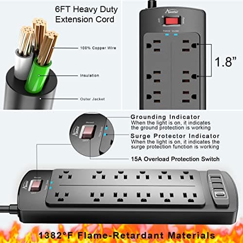 ALESTOR 12-Outlet Surge Protector with 4 USB Ports, 6 Feet Black Extension Cord