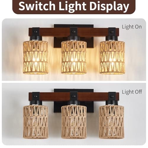 Rustic Farmhouse Wood Vanity Light, Handmade Bamboo Woven Basket Shade