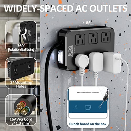 Weatherproof IPX6 Outdoor Power Strip with 6 Outlets & 3 USB Ports (Black)
