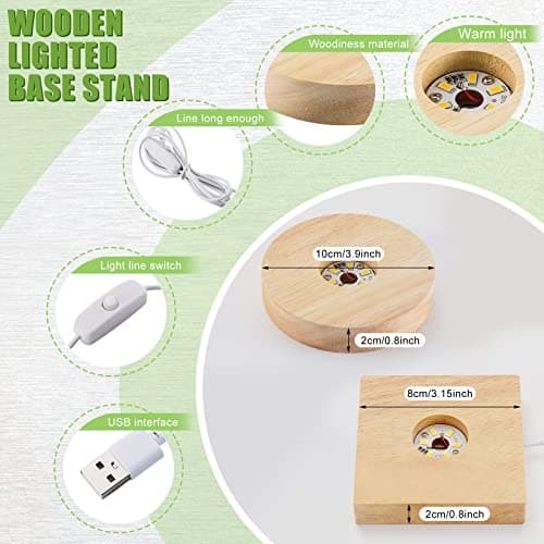 Honoson 2 Pcs LED Wood Base Crystal Resin Display Stand with 6 LEDs USB Square Round