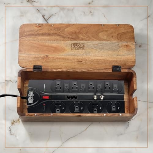 Acacia Wood Large Cable Management Box - Power Strip and Desk Cord Organizer