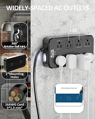 Weatherproof Outdoor Power Strip with 8 Outlets & 3 USB Ports, 10FT Cord, Overload Protection Black