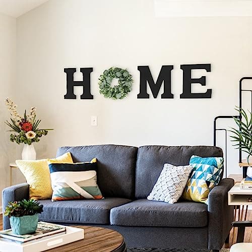 Black Wood Home Sign with Artificial Eucalyptus Wreath for Wall Decor